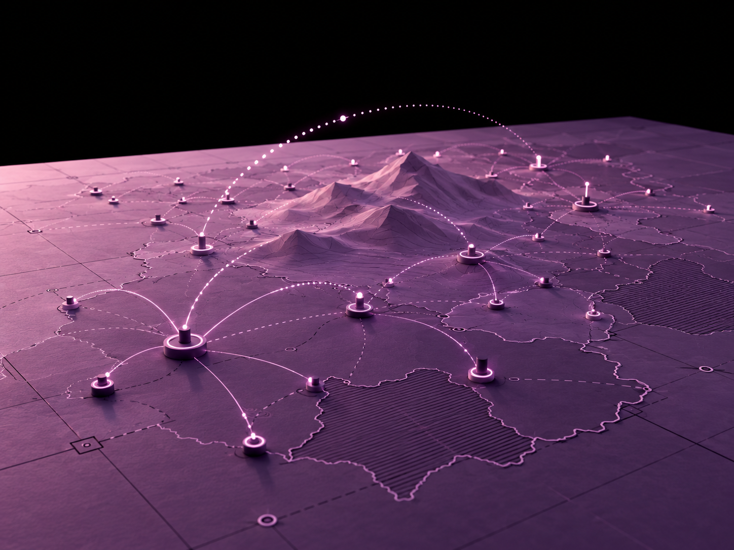 Concept illustration of linked radio stations across a regional map
