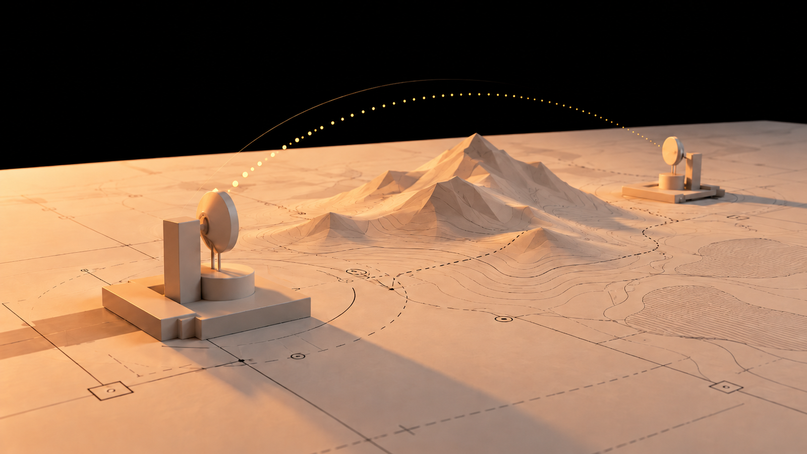 Concept illustration of a radio link across mountainous terrain